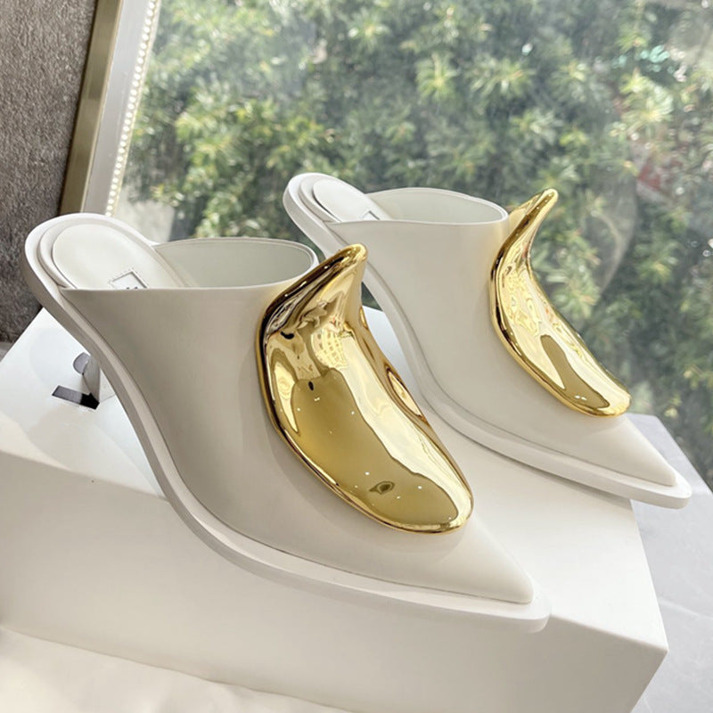 Mules à bout fermé pointu - Cuir décoration en métal 2 modèles plat / talon en 3 coloris
