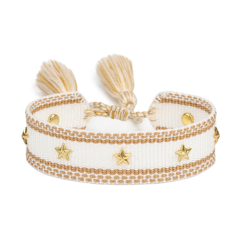 Bracelet à pompons tressés à rivets carrés ou étoiles 24 modèles