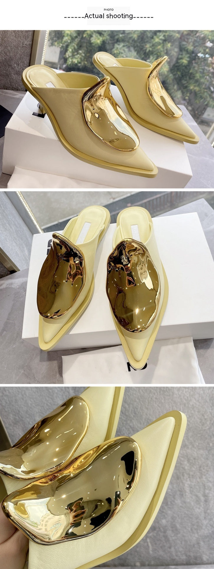 Mules à bout fermé pointu - Cuir décoration en métal 2 modèles plat / talon en 3 coloris