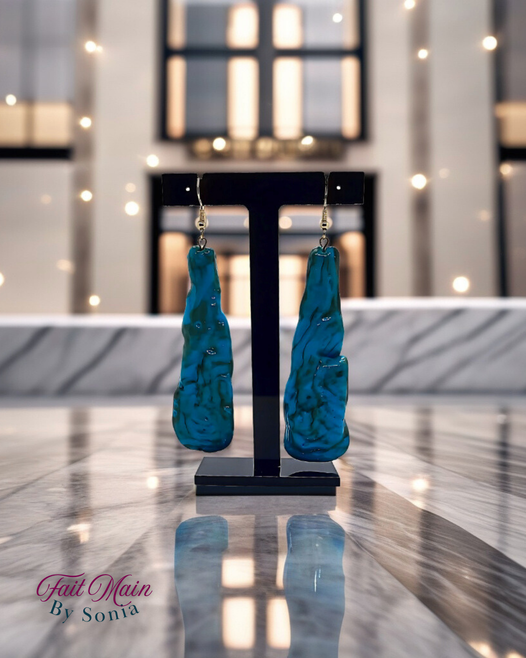 Boucles d'oreilles bleu turquoise en matière PLA - Fait main - Modèle unique