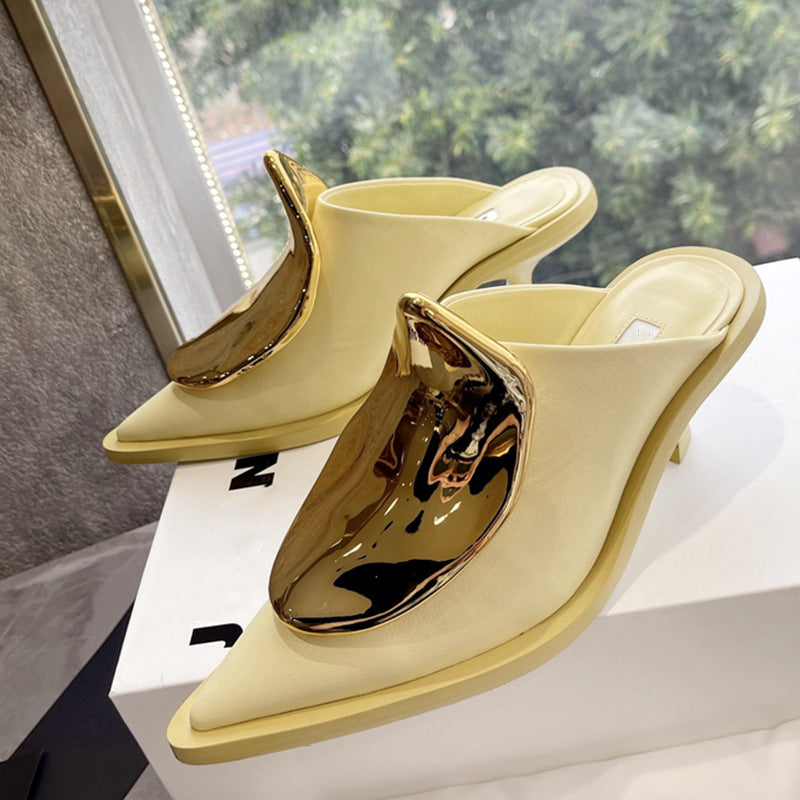 Mules à bout fermé pointu - Cuir décoration en métal 2 modèles plat / talon en 3 coloris