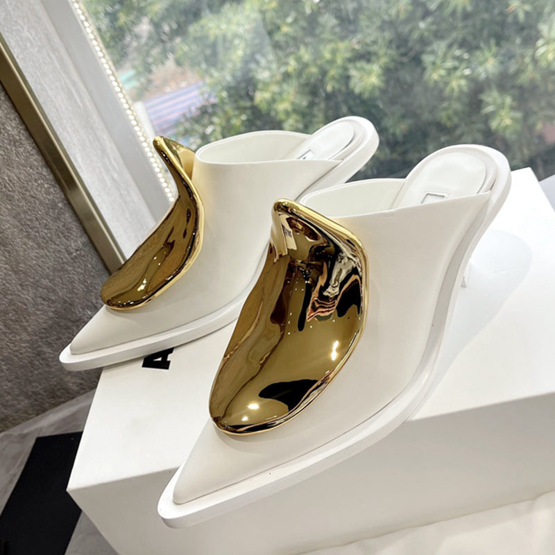 Mules à bout fermé pointu - Cuir décoration en métal 2 modèles plat / talon en 3 coloris