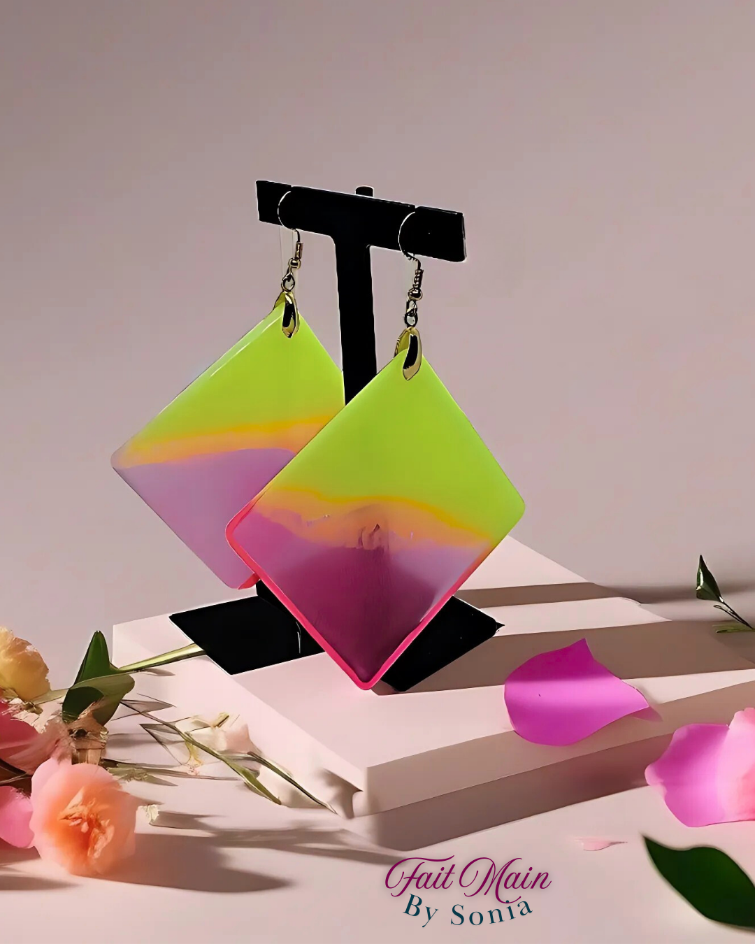 Boucles d'oreilles en résine . Dégradé de Rose/Jaune en transparence fait main en modèle unique