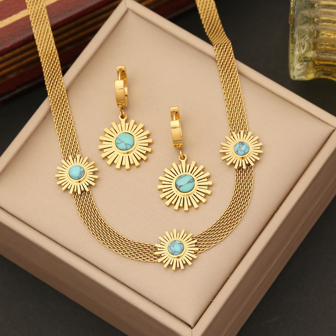 Collier, boucles d'oreilles, bracelet en acier inoxydable turquoise