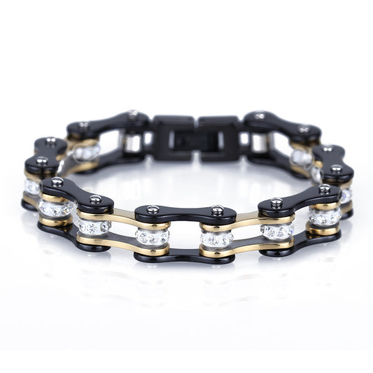 Bracelet chaîne de vélo en acier inoxydable Noir/doré avec strass