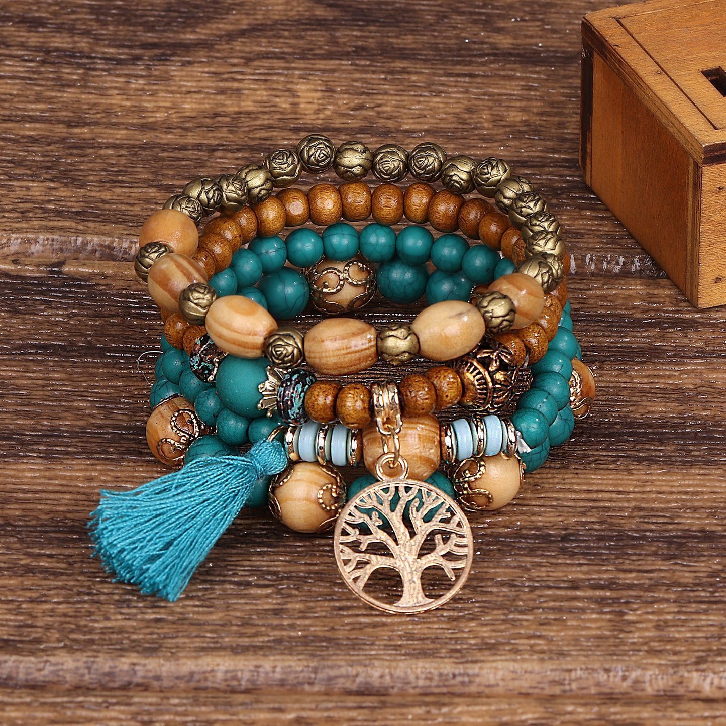 Bracelet extensible multicouche en bois de style bohème avec pendentif arbre de vie - 9 coloris