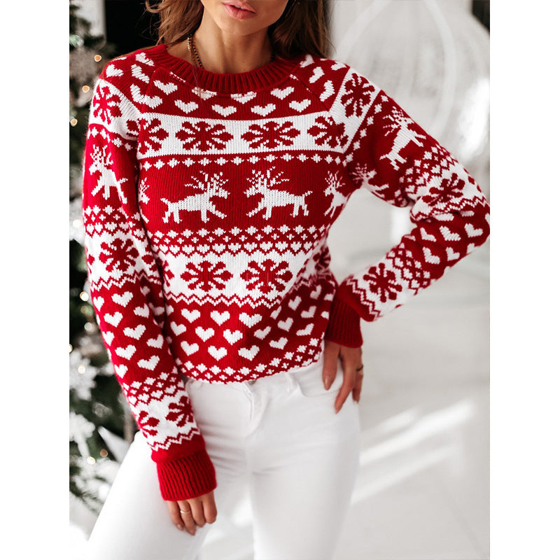 Pull tricoté à manches longues avec motif d'élan de Noël