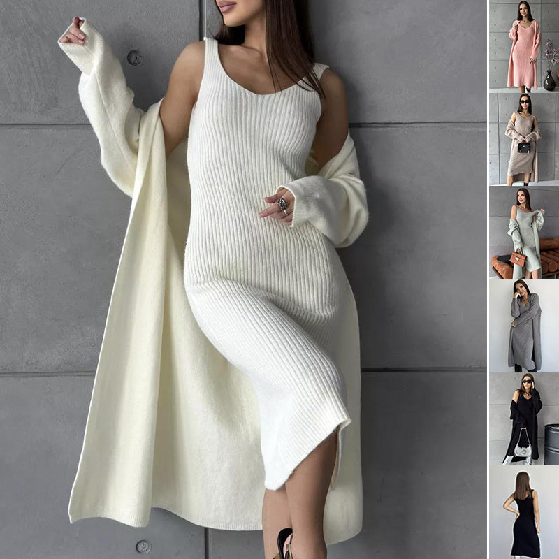 Ensemble tricoté 2 pièces, robe longue sans manches, slim + cardigan ample et décontracté - 6 coloris