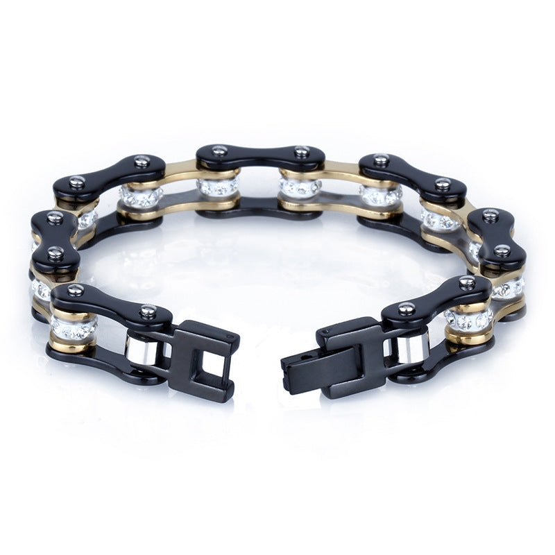 Bracelet chaîne de vélo en acier inoxydable Noir/doré avec strass