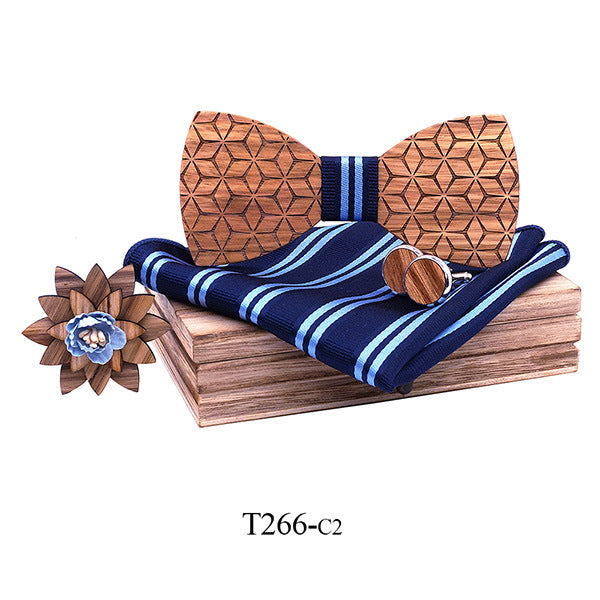 Ensemble nœud papillon en bois fait main - Boutons de manchettes - Pochette -  6 modèles