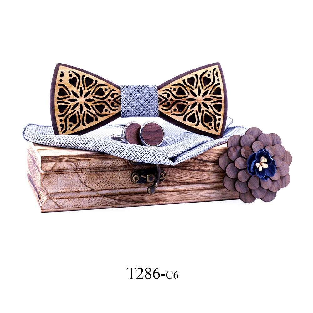 Nœud papillon en bois massif, pochette, boutons de manchettes, fleur 6 Modèles