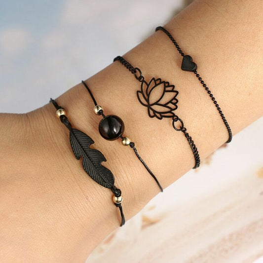 Combinaison de plusieurs bracelets en perles noires et feuilles de lotus Love 4 modèles