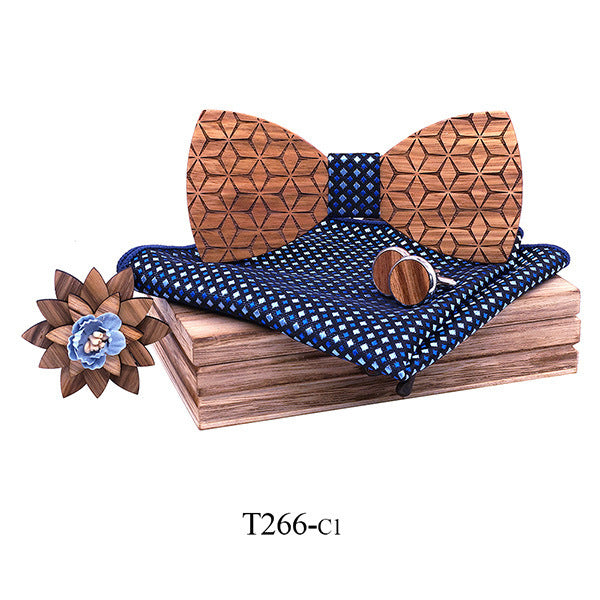 Ensemble nœud papillon en bois fait main - Boutons de manchettes - Pochette -  6 modèles