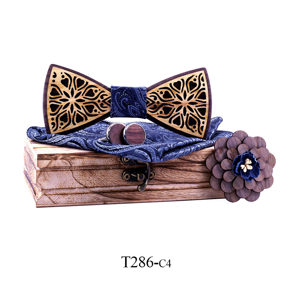 Nœud papillon en bois massif, pochette, boutons de manchettes, fleur 6 Modèles