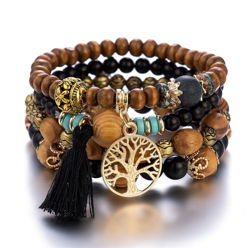 Bracelet extensible multicouche en bois de style bohème avec pendentif arbre de vie - 9 coloris