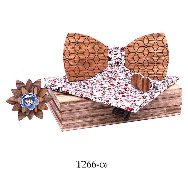 Ensemble nœud papillon en bois fait main - Boutons de manchettes - Pochette -  6 modèles