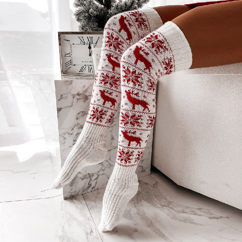 Longues chaussettes de Noël flocon de neige jacquard sur le genou Blanc/Rouge/Gris/Set des 3 couleurs