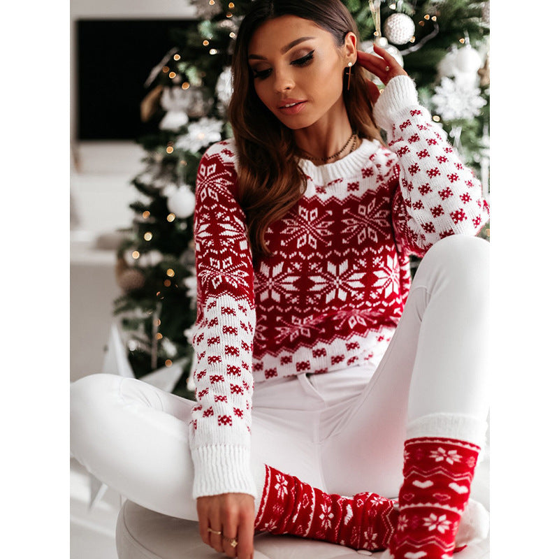 Pull tricoté à manches longues avec motif d'élan de Noël