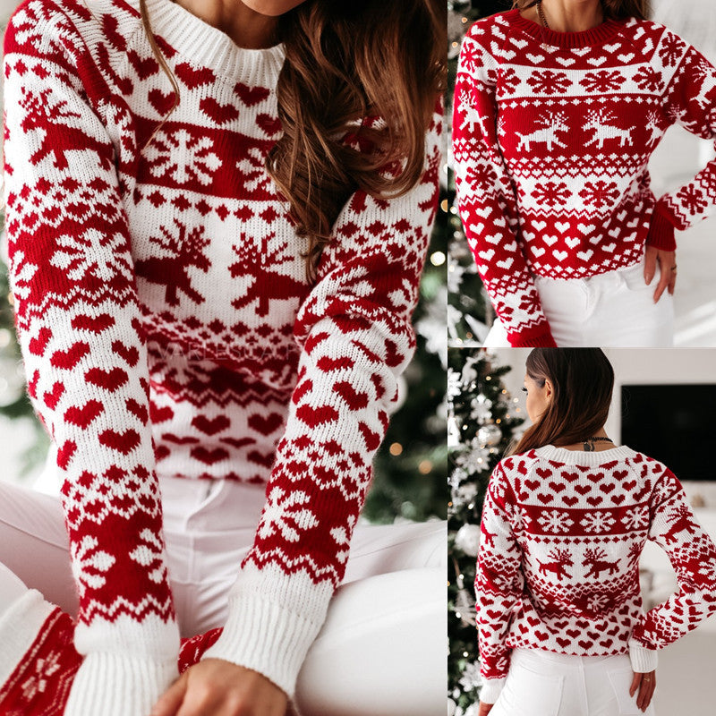 Pull tricoté à manches longues avec motif d'élan de Noël