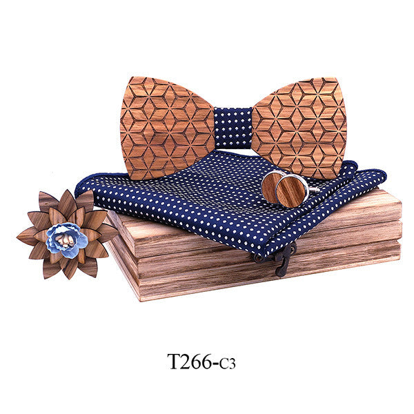 Ensemble nœud papillon en bois fait main - Boutons de manchettes - Pochette -  6 modèles