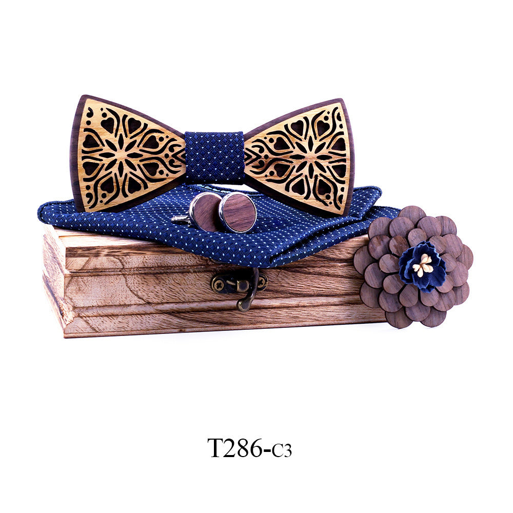 Nœud papillon en bois massif, pochette, boutons de manchettes, fleur 6 Modèles