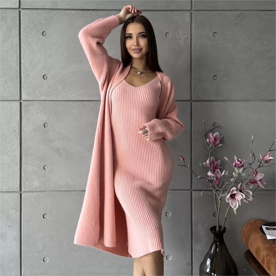 Ensemble tricoté 2 pièces, robe longue sans manches, slim + cardigan ample et décontracté - 6 coloris