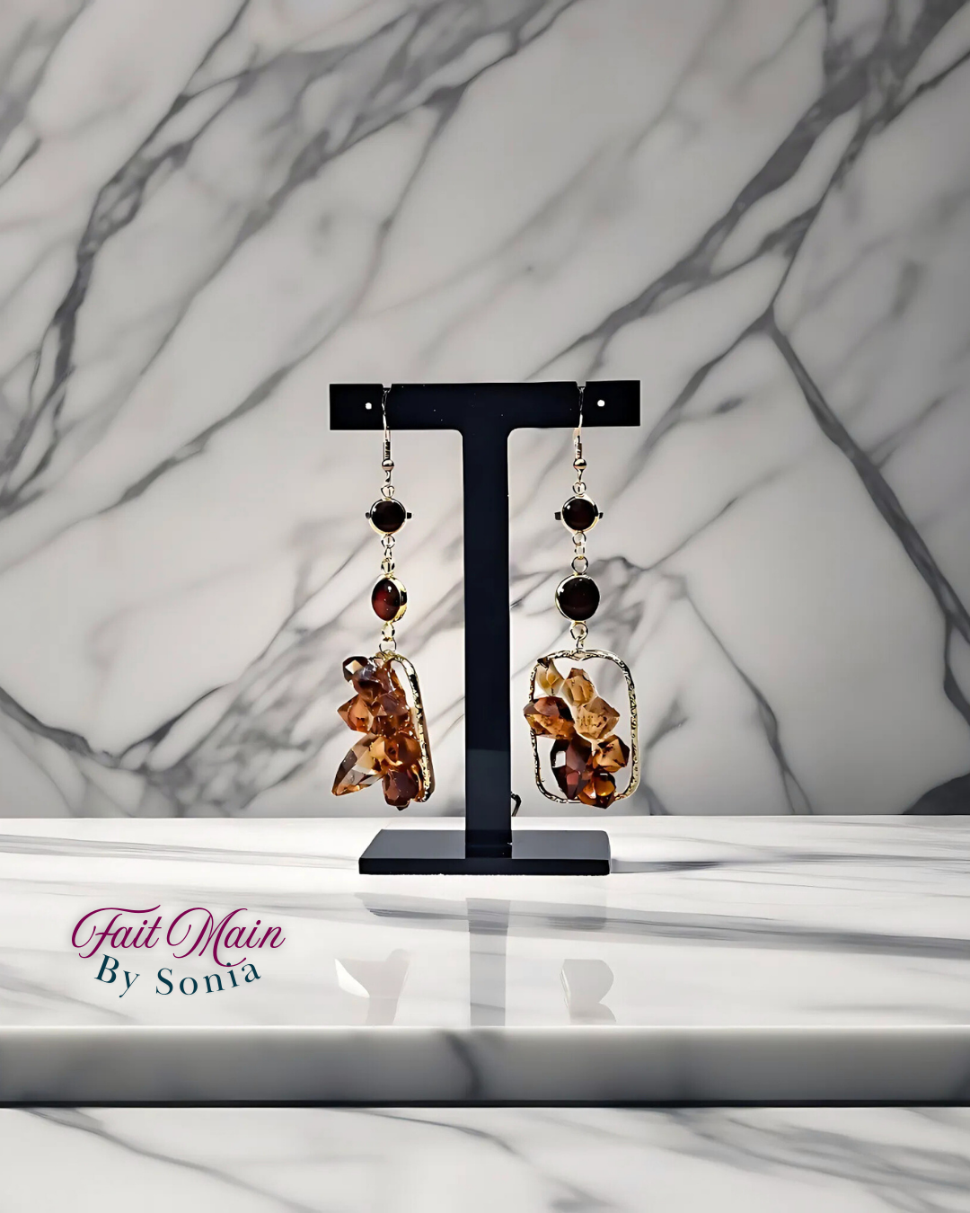 Boucles d'oreilles effet crystal marron - Fait main en modèle unique