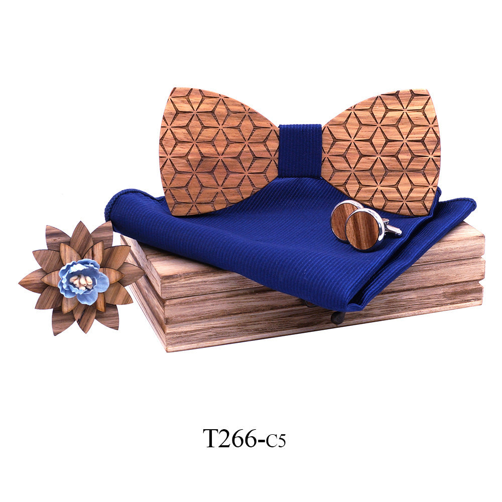 Ensemble nœud papillon en bois fait main - Boutons de manchettes - Pochette -  6 modèles