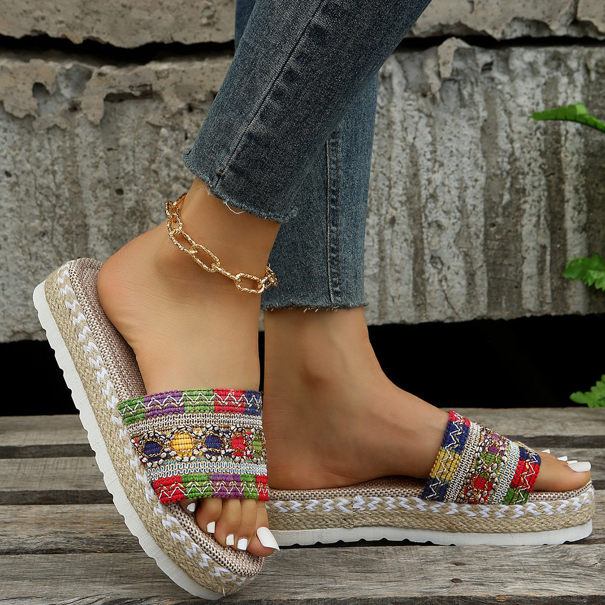 Sandales de style ethnique pour femmes, sandales d'été à semelle épaisse