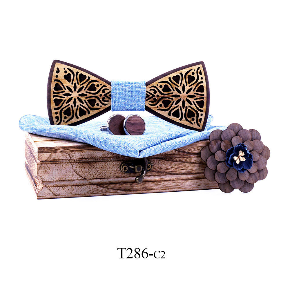 Nœud papillon en bois massif, pochette, boutons de manchettes, fleur 6 Modèles