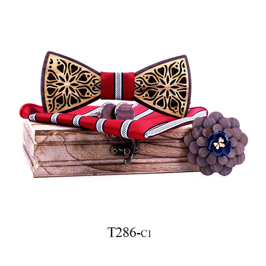 Nœud papillon en bois massif, pochette, boutons de manchettes, fleur 6 Modèles