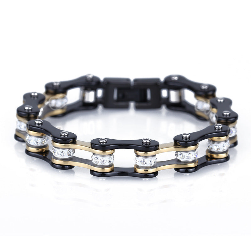 Bracelet chaîne de vélo en acier inoxydable Noir/doré avec strass