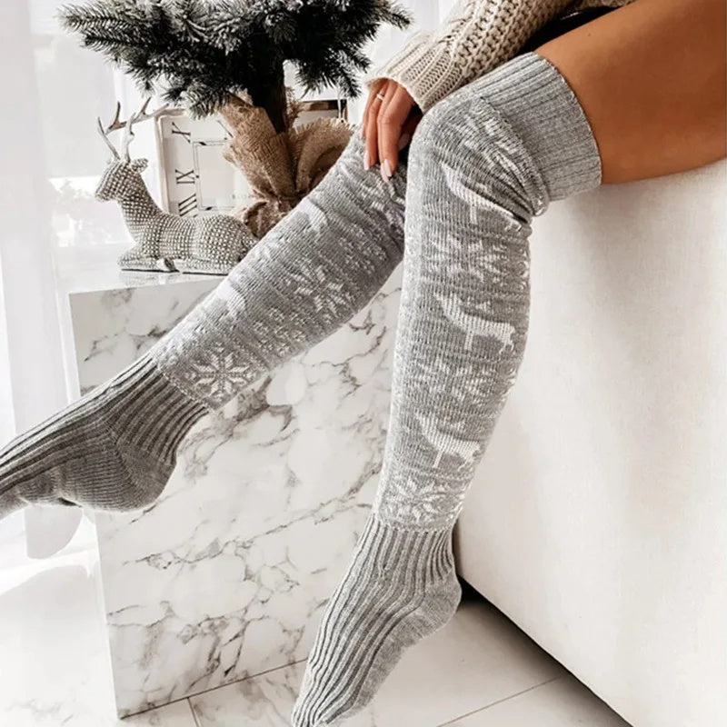 Longues chaussettes de Noël flocon de neige jacquard sur le genou Blanc/Rouge/Gris/Set des 3 couleurs