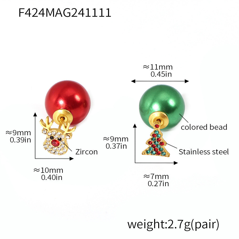 Clous d'oreilles en acier inoxydable avec élan et sapin de Noël en zircon coloré