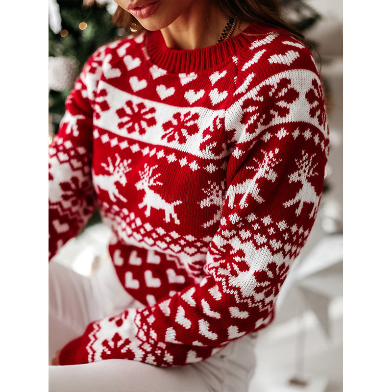 Pull tricoté à manches longues avec motif d'élan de Noël