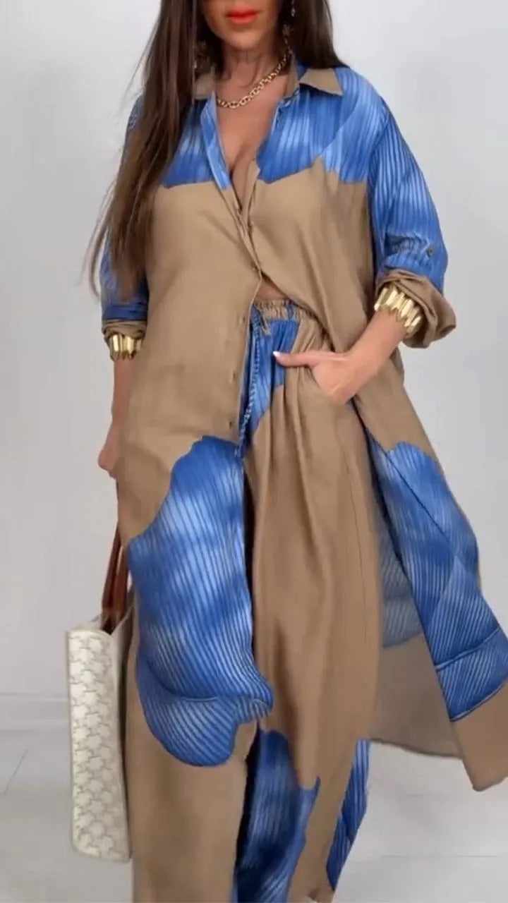 Ensemble haut et pantalon imprimés à manches trois-quarts, fluide