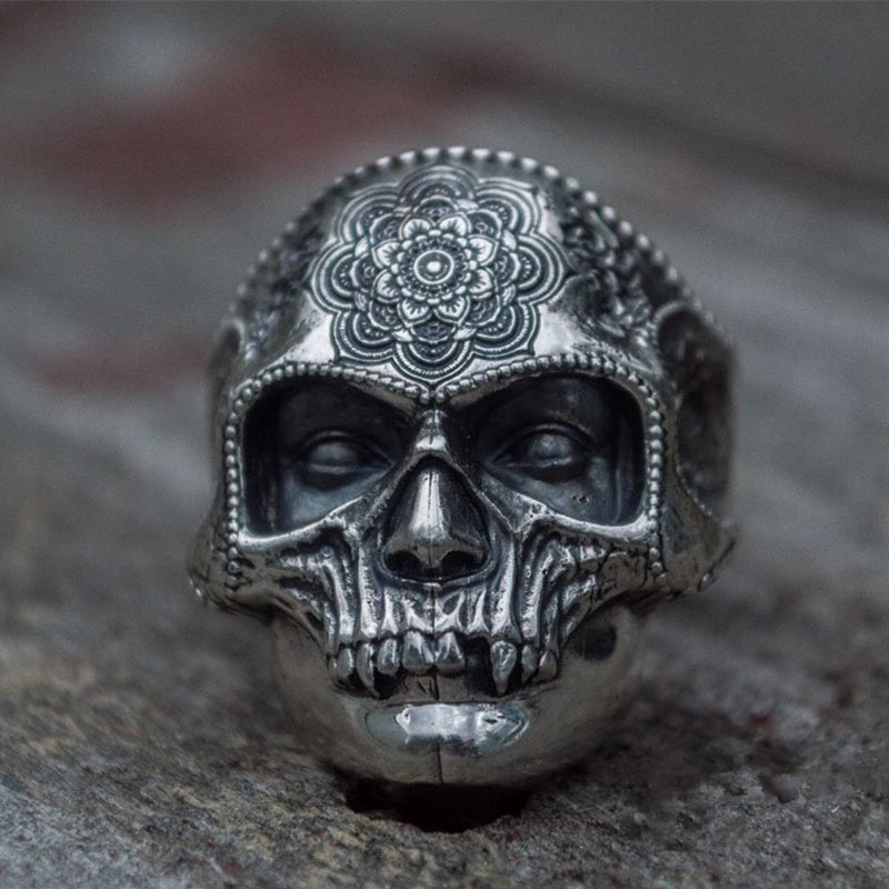 Unique Couleur Argent ou Doré Lourd en Acier Inoxydable. Crâne Anneau Hommes Mandala Fleur Santa Muerte Biker