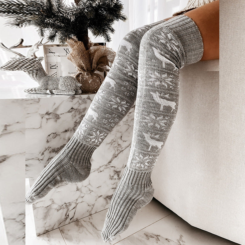 Longues chaussettes de Noël flocon de neige jacquard sur le genou Blanc/Rouge/Gris/Set des 3 couleurs