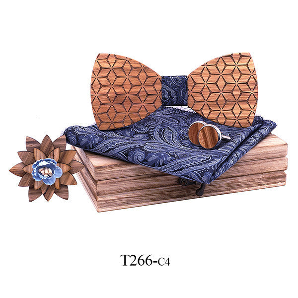 Ensemble nœud papillon en bois fait main - Boutons de manchettes - Pochette -  6 modèles