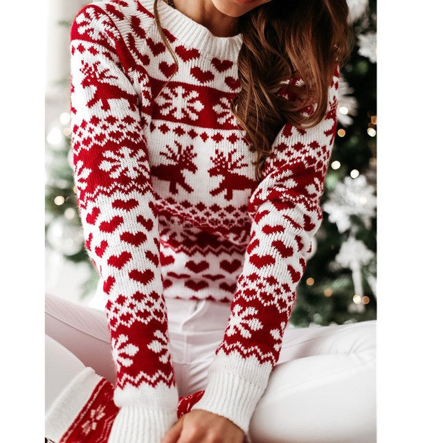 Pull tricoté à manches longues avec motif d'élan de Noël