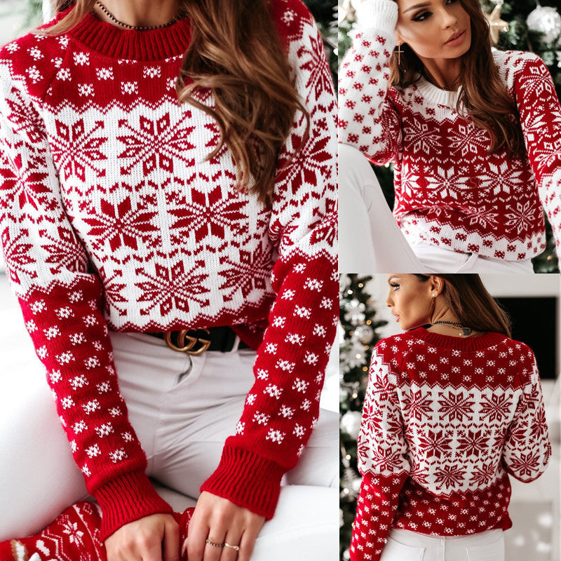 Pull tricoté à manches longues avec motif d'élan de Noël