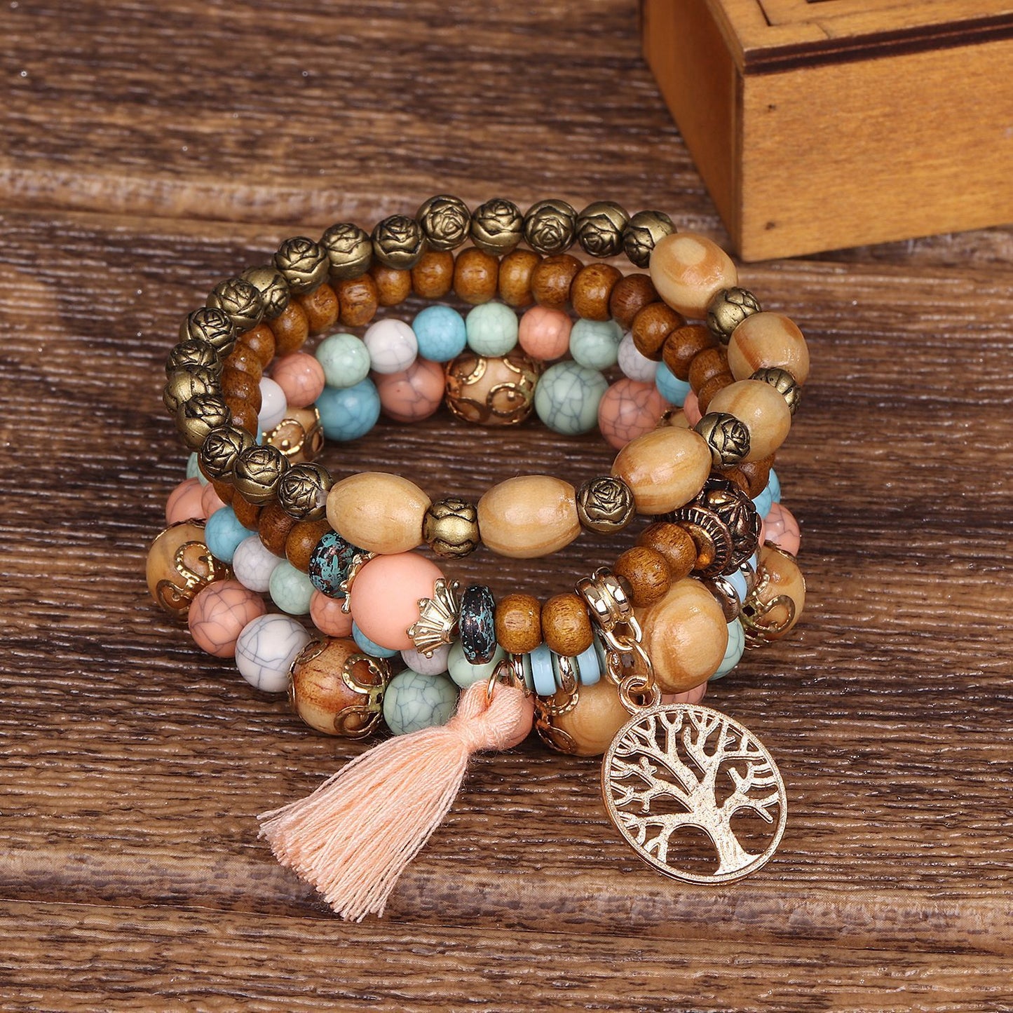 Bracelet extensible multicouche en bois de style bohème avec pendentif arbre de vie - 9 coloris