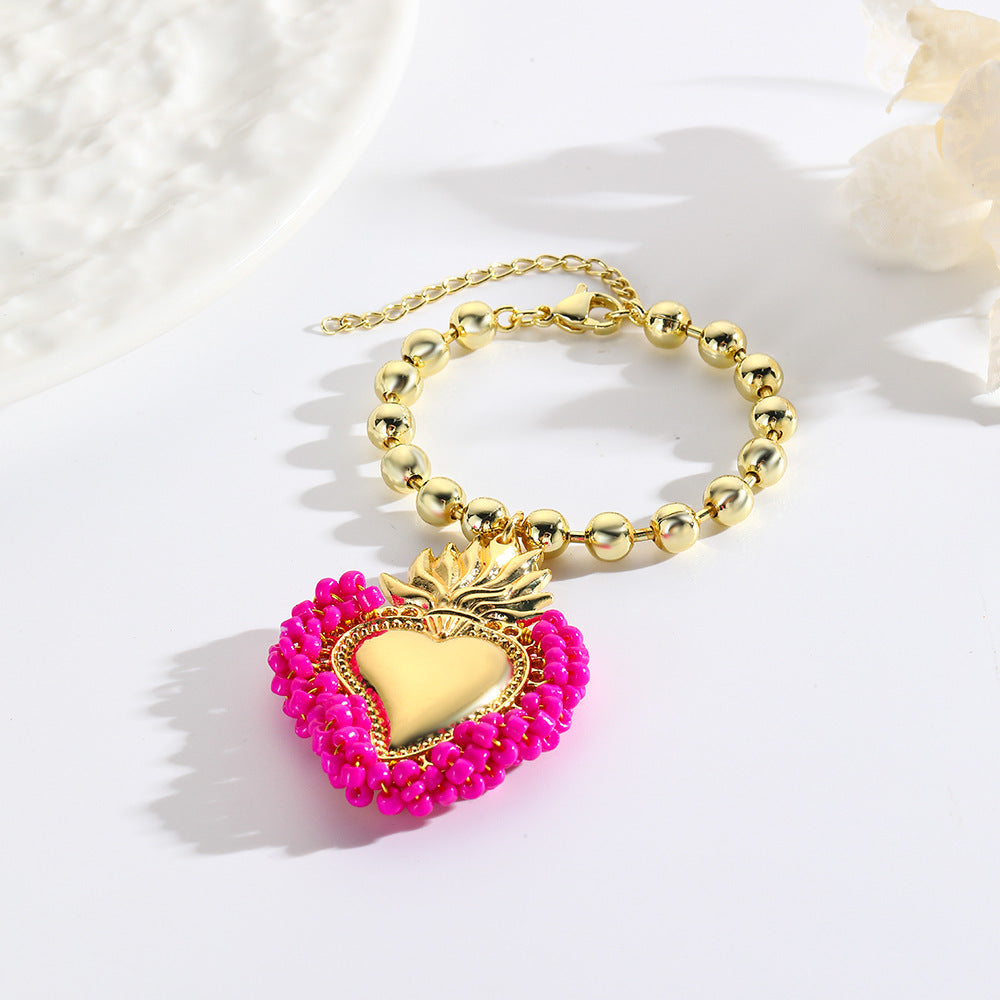 Bracelet en forme de cœur tissé à la main avec petites perles en forme de riz