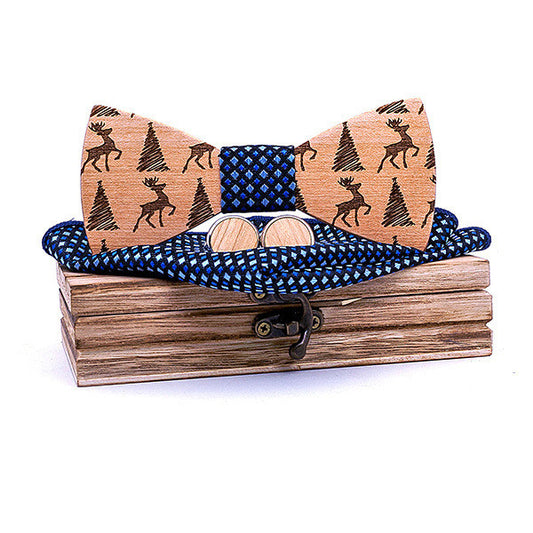 Ensemble nœud papillon en bois, boutons de manchettes, pochette - 6 Modèles