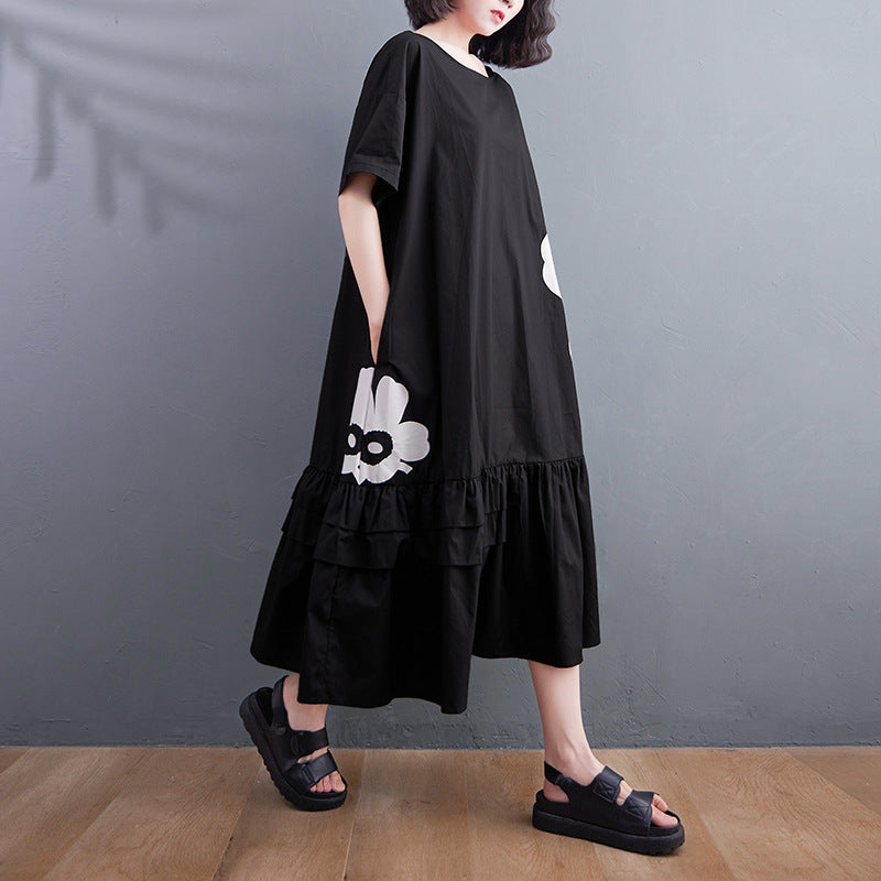 Robe imprimée à manches courtes et coutures amples, grande taille