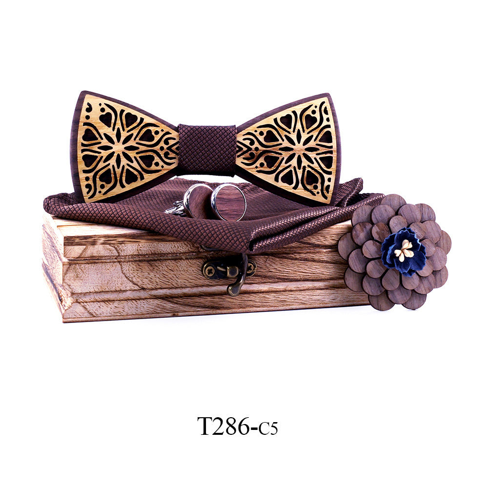 Nœud papillon en bois massif, pochette, boutons de manchettes, fleur 6 Modèles