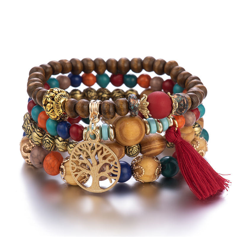 Bracelet extensible multicouche en bois de style bohème avec pendentif arbre de vie - 9 coloris