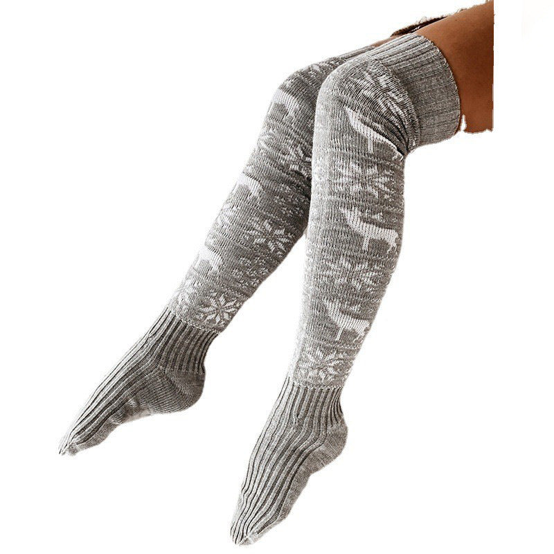 Longues chaussettes de Noël flocon de neige jacquard sur le genou Blanc/Rouge/Gris/Set des 3 couleurs