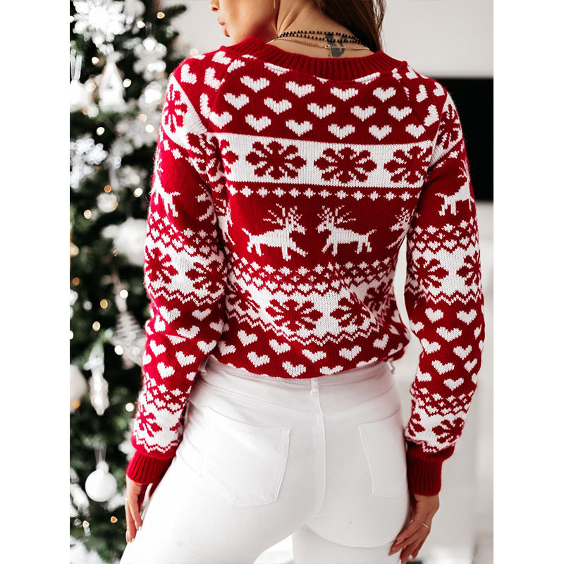 Pull tricoté à manches longues avec motif d'élan de Noël