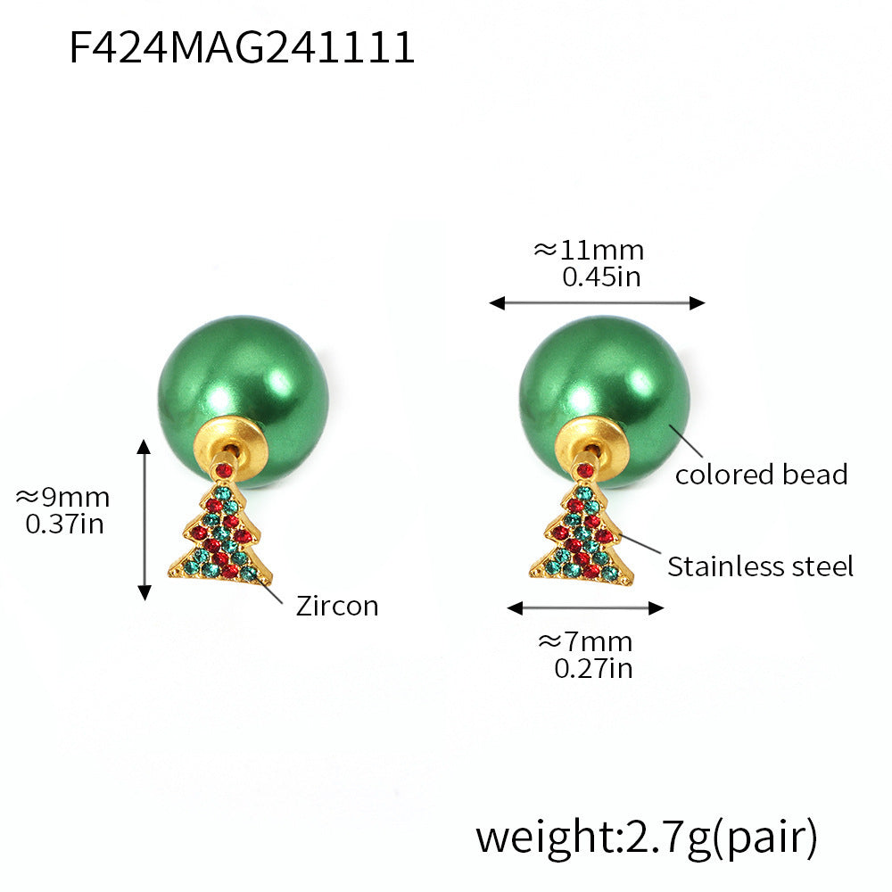 Clous d'oreilles en acier inoxydable avec élan et sapin de Noël en zircon coloré